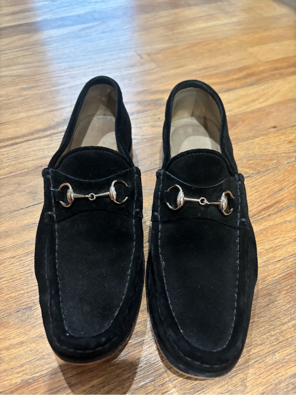 Gucci Black Suede Loafers with Gold Horsebit